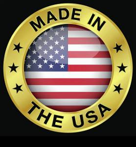 Made in The USA gold badge and icon with central glossy United States Of America flag symbol and stars. Vector EPS10 illustration isolated on black background.