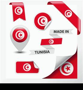 Made in Tunisia collection of ribbon, label, stickers, pointer, badge, icon and page curl with Tunisian flag symbol on design element. Vector EPS 10 illustration isolated on white background.