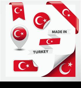Made in Turkey collection of ribbon, label, stickers, pointer, badge, icon and page curl with Turkish flag symbol on design element. Vector EPS10 illustration isolated on white background.