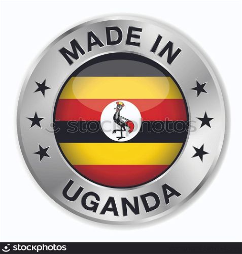 Made in Uganda silver badge and icon with central glossy Ugandan flag symbol and stars. Vector EPS10 illustration isolated on white background.