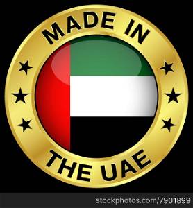 Made in United Arab Emirates gold badge and icon with central glossy UAE flag symbol and stars. Vector EPS 10 illustration isolated on black background.