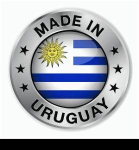 Made in Uruguay silver badge and icon with central glossy Uruguayan flag symbol and stars. Vector EPS 10 illustration isolated on white background.