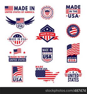 Made in usa. Flag made america american states flags product badge quality patriotic labels emblem star ribbon sticker, vector collection. Made in usa. Flag made america american states flags product badge quality patriotic labels emblem star ribbon sticker, vector set