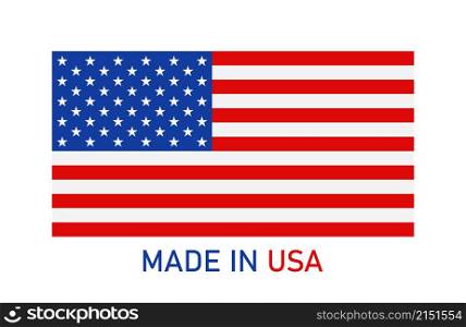 Made in usa. Icon of flag of america for badge, logo of product. American stamp, banner, label and sticker of manufactured product. Original emblem of quality, authentic of us. National tag. Vector.