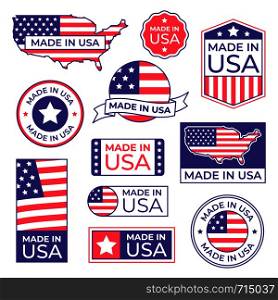 Made in USA label. American flag proud stamp, made for usa labels icon and manufacturing in America stocker emblem. Us flags patriotic quality or nation guarantee isolated vector symbols set. Made in USA label. American flag proud stamp, made for usa labels icon and manufacturing in America stocker isolated vector set