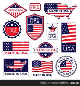 Made in usa logo. American proud patriot tag, manufacturing for usa label stamp and united states of america patriotic flag. Us original american manufacturings badge vector isolated icons set. Made in usa logo. American proud patriot tag, manufacturing for usa label stamp and united states of america patriotic flag vector set