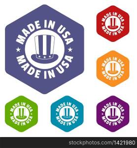Made in USA top hat icons vector colorful hexahedron set collection isolated on white . Made in USA top hat icons vector hexahedron