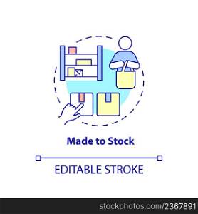 Made to stock concept icon. Customer demand and forecasts. Type of products abstract idea thin line illustration. Isolated outline drawing. Editable stroke. Arial, Myriad Pro-Bold fonts used. Made to stock concept icon