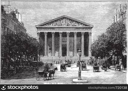 Madeleine Church and Rue Royale in Paris, France, during the 1890s, vintage engraving. Old engraved illustration of Madeleine Church and Rue Royale with running carts in front.
