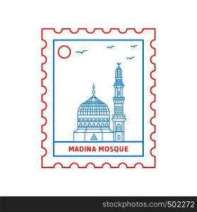 MADINA MOSQUE postage stamp Blue and red Line Style, vector illustration