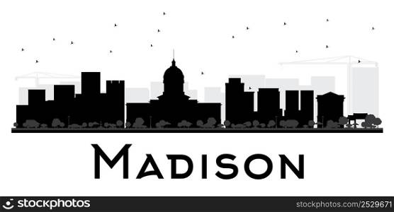 Madison City skyline black and white silhouette. Vector illustration. Simple flat concept for tourism presentation, banner, placard or web site. Cityscape with landmarks