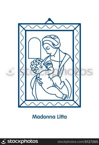 Madonna Litta. The virgin Mary breastfeeding the Christ child. Vector icon of Leonardo da Vinci.
