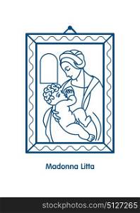 Madonna Litta. The virgin Mary breastfeeding the Christ child. Vector icon of Leonardo da Vinci.