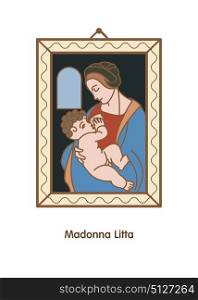 Madonna Litta. The virgin Mary breastfeeding the Christ child. Vector illustration of Leonardo da Vinci.