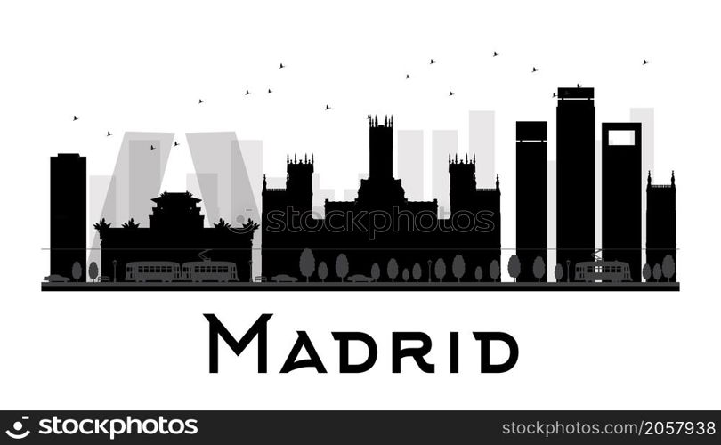 Madrid City skyline black and white silhouette. Vector illustration. Simple flat concept for tourism presentation, banner, placard or web site. Business travel concept. Cityscape with famous landmarks