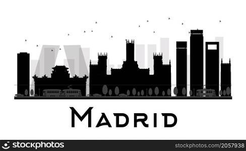 Madrid City skyline black and white silhouette. Vector illustration. Simple flat concept for tourism presentation, banner, placard or web site. Business travel concept. Cityscape with famous landmarks