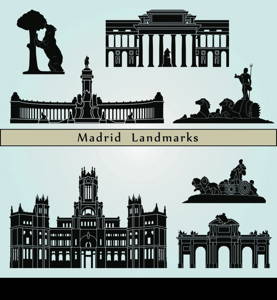 Madrid landmarks and monuments isolated on blue background in editable vector file