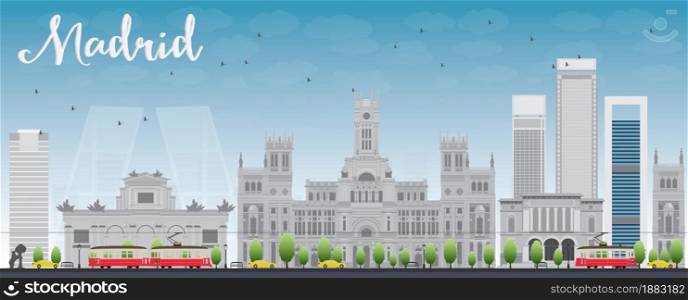 Madrid Skyline with grey buildings and blue sky. Vector illustration