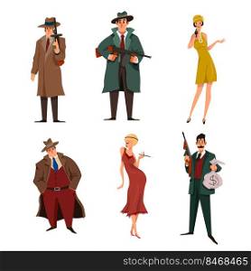 Mafia male and female cartoon characters set. Gansters in hats, killers, bodyguards with guns vector illustration on white background.  Crime, risk, violence concept 