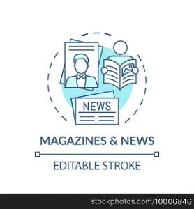 Magazines and news concept icon. Online library catalogue idea thin line illustration. Available online press. Digital Library. Vector isolated outline RGB color drawing. Editable stroke. Magazines and news concept icon