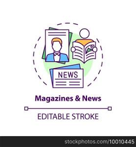 Magazines and news concept icon. Online library catalogue idea thin line illustration. Available online press. Reading paper editions. Vector isolated outline RGB color drawing. Editable stroke. Magazines and news concept icon