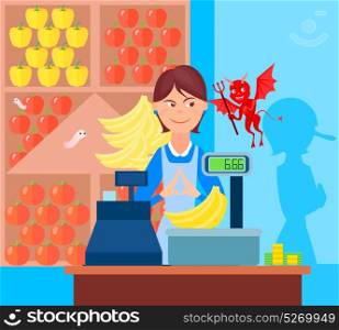 Maggie At Counter Composition. Fraud market trade background with flat greengrocer and devil characters in the market with weighing scales vector illustration