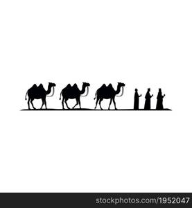 Magi with gifts and camels behind. Black silhouette on a white background.