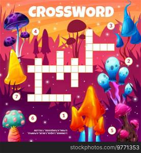 Magic alien mushrooms. Crossword grid worksheet. Find a word quiz game, educational playing activity, kids vector puzzle or vocabulary game with words finding task, luminous mushroom or fantasy fungi. Crossword grid worksheet with luminous mushrooms