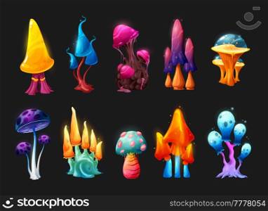 Magic and fairy mushrooms, vector fantasy game asset. UI or GUI design. Alien planet fairytale forest or fantastic isolated fungus plants, neon glowing mushrooms with bright caps and stalks. Magic and fairy mushrooms, fantasy game asset