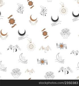 Magic and heaven seamless pattern, with magical elements such as snake, eye, tarot cards, hand, skull, potion, moon, butterfly, mushrooms, stars. Symbols and elements of the witchcraft theme.. Magic and heaven seamless pattern, with magical elements such as snake, eye. Symbols and elements of the witchcraft theme.