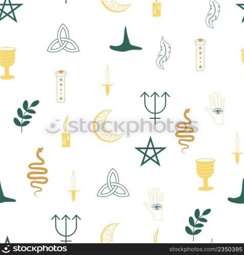 Magic and heaven seamless pattern, with magical elements such as snake, eye, tarot cards, hand, skull, potion, moon, butterfly, mushrooms, stars. Symbols and elements of the witchcraft theme.. Magic and heaven seamless pattern, with magical elements such as snake, eye. Symbols and elements of the witchcraft theme.