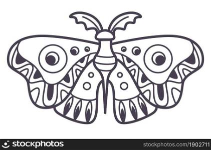 Magic and witchcraft, moth symbol of occult powers and strength. Isolated icon of insect with ornaments on wings. Sacred geometry and wiccan details. Colorless line art, vector in flat style. Moth with ornaments on wings, magical creature