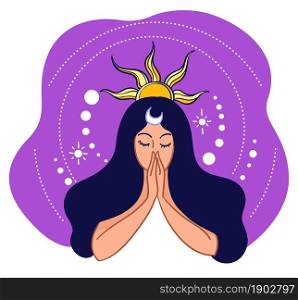 Magic and witchcraft, woman with crescent moon and sun symbol on head. Meditating lady, galaxy and cosmos inspired character. Occult wisdom and knowledge. Princess portrait, vector in flat style. Woman with sun symbol on head, magic and occult