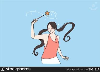 Magic attributes and fun concept. Smiling positive excited girl with long black hair holding magic wand in raised hand feeling playful vector illustration . Magic attributes and fun concept