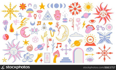 Magic background groovy in retro trend style with clipart elements. mystical vector isolated pattern. editable stroke clipart stickers. Esoteric element witchcraft. Collection of occult symbols y2k..  Magic background groovy in retro trend style with clipart elements. mystical vector isolated pattern. editable stroke clipart stickers. Esoteric element witchcraft. Collection of occult symbols y2k