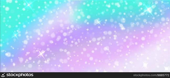 Magic background. Holographic unicorn fairy pattern with glitter and rainbow mesh, magic fantasy gradient texture in purple, pink and blue neon colors and white stars. Vector horizontal illustration. Magic background. Holographic unicorn fairy pattern with glitter and rainbow mesh, magic fantasy gradient texture in purple, pink and blue neon colors. Vector horizontal illustration