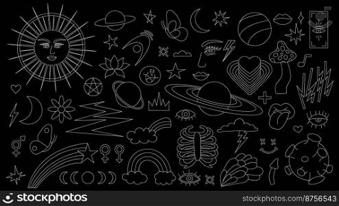 Magic background in retro style with hand drawn elements. Decorative mystical vector isolated pattern. editable stroke stickers. Esoteric element in minimalism. Collection of occult symbols tattoo.. Magic background in retro style with hand drawn elements. Decorative mystical vector isolated pattern. editable stroke stickers. Esoteric element in minimalism. Collection of occult symbols tattoo art