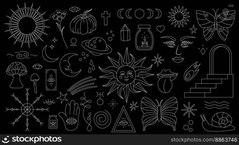 Magic background in retro style with hand drawn elements. Decorative mystical vector isolated pattern. editable stroke stickers. Esoteric element in minimalism. Collection of occult symbols tattoo.. Magic background in retro style with hand drawn elements. Decorative mystical vector isolated pattern. editable stroke stickers. Esoteric element in minimalism. Collection of occult symbols tattoo art