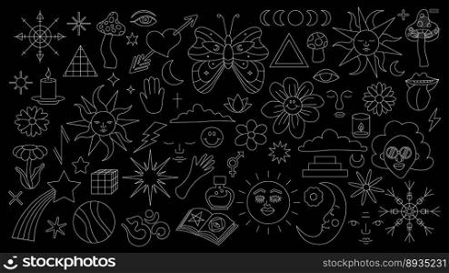 Magic background in retro style with hand drawn elements. Decorative mystical vector isolated pattern. editable stroke stickers. Esoteric element in minimalism. Collection of occult symbols tattoo.. Magic background in retro style with hand drawn elements. Decorative mystical vector isolated pattern. editable stroke stickers. Esoteric element in minimalism. Collection of occult symbols tattoo art