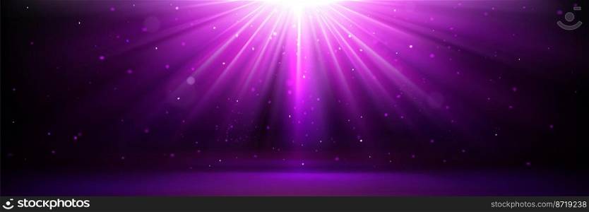 Magic background with purple light rays effect. Vector realistic illustration of star burst, disco spotlights with blurred beams, illumination of show in night club. Magic background with purple light rays effect