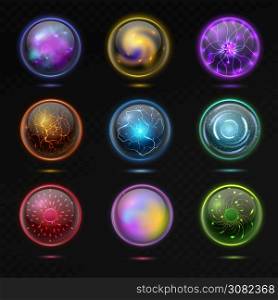 Magic ball. Energy sphere with plasma, glowing mystery crystal orbs, spiritual glass globe occult prediction future with fantasy effects 3d illustration vector isolated set on black background. Magic ball. Energy sphere with plasma, glowing crystal orbs, spiritual glass globe occult prediction future with fantasy effects 3d illustration vector isolated set on black