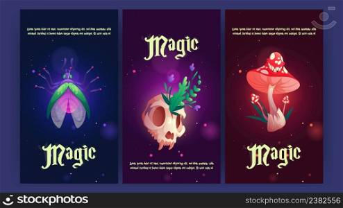 Magic banners with fly, animal skull, and creepy mushroom. Vector vertical posters with cartoon illustration of witchcraft and occult equipment, pinned insect, herbs, and fly agaric. Magic banners with fly, animal skull, and mushroom