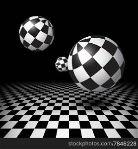 Magic black and white balls over checkered floor