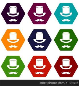 Magic black hat and mustache icon set many color hexahedron isolated on white vector illustration. Magic black hat and mustache icon set color hexahedron