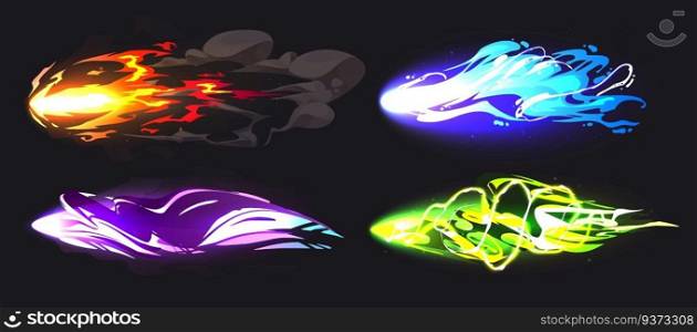 Magic blast game vfx light effect cartoon vector. Magician spell energy trail with fire glow and abstract cosmic vortex. Blaster weapon shot twirl for interface. Purple, green and blue attack item. Magic blast game vfx light effect cartoon vector