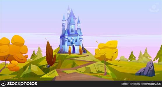 Magic blue castle on green hill with yellow trees. Vector cartoon autumn landscape with road leading to royal palace with towers on meadow in fairytale kingdom. Autumn landscape with magic blue castle