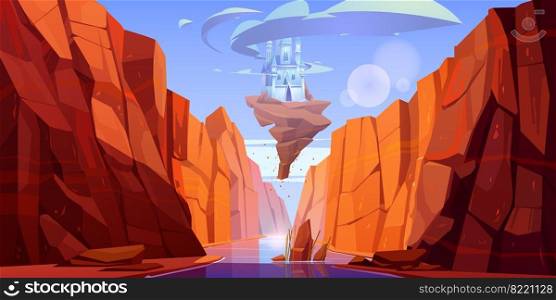 Magic blue castle on rock flying above river in canyon. Vector cartoon fantasy illustration of mountain landscape with water stream in gorge and royal palace with clouds around towers. Magic blue castle flying above river in canyon