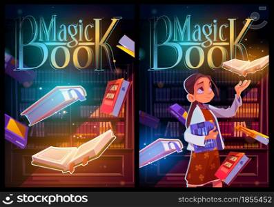 Magic book cartoon posters, young girl in night library or reader club with glowing volumes and sparkles flying around. Curious child reading in dark room with shelves or bookcases Vector illustration. Magic book cartoon posters, young girl in library