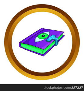 Magic book vector icon in golden circle, cartoon style isolated on white background. Magic book vector icon