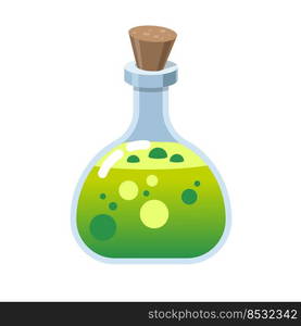 Magic bottle of glass. Alchemy love elixir in glass flask. Cork and green potion, cartoon vector with hearts. Witchcraft pink potion of witch or poison.. Magic bottle of glass. Alchemy love elixir in glass flask. Cork and green potion, cartoon vector with hearts. Witchcraft pink potion of witch or poison